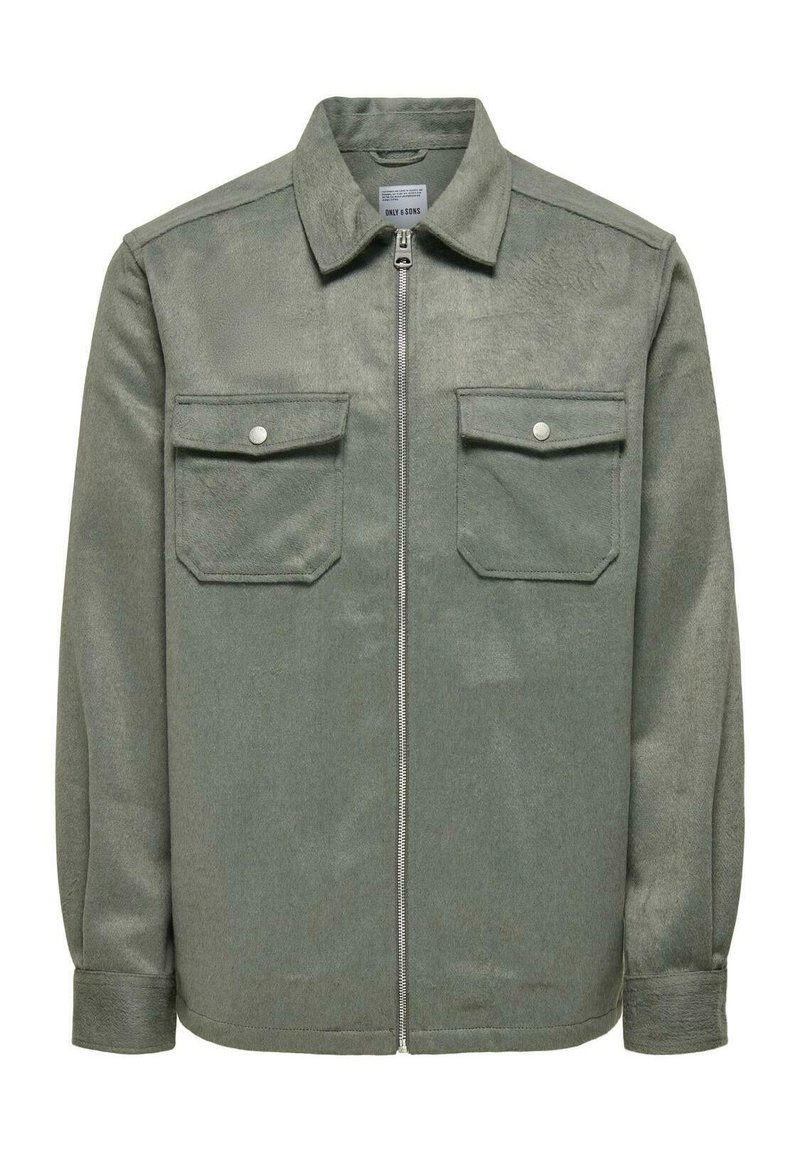 Gray, long-sleeve jacket made of soft fabric. Features a zip front, point collar, and two chest pockets with snap closures.