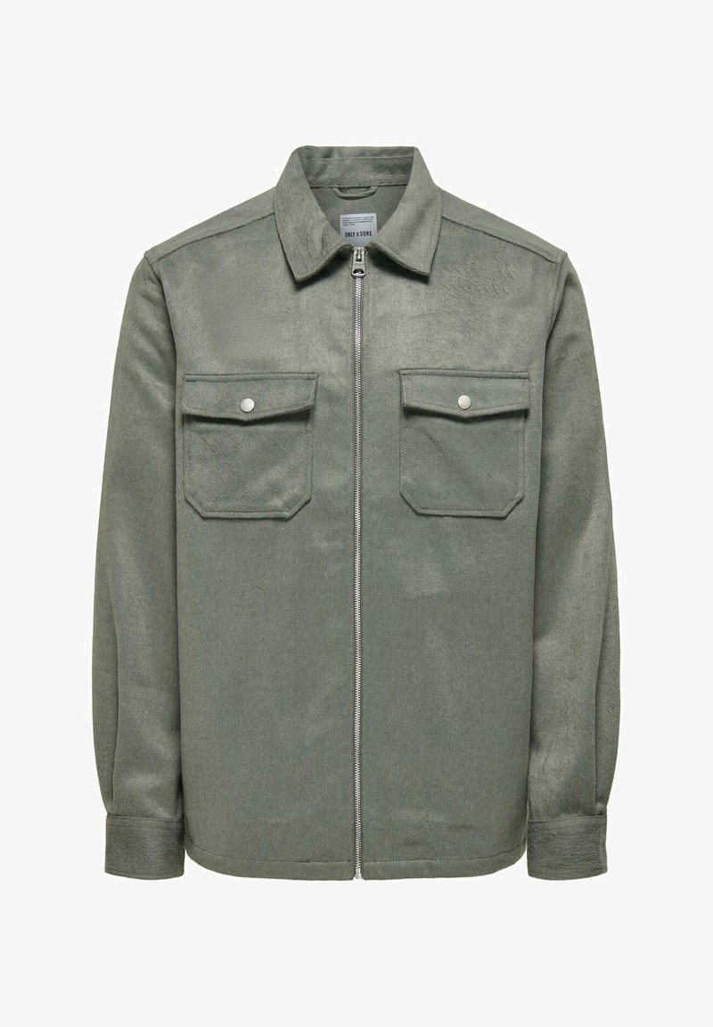 Gray, long-sleeve jacket made of soft fabric. Features a zip front, point collar, and two chest pockets with snap closures.