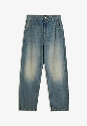 Helle blaue Denim-Jeans mit legerem Schnitt, ausgestattet mit einer ausgewaschenen Optik, fünf Taschen und einem Knopfverschluss. Gerade Beine mit minimalen Nähdetails.