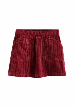 Roter Cordrock für Kleinkinder mit elastischem Bund und zwei aufgesetzten Taschen vorne, präsentiert auf weißem Hintergrund.