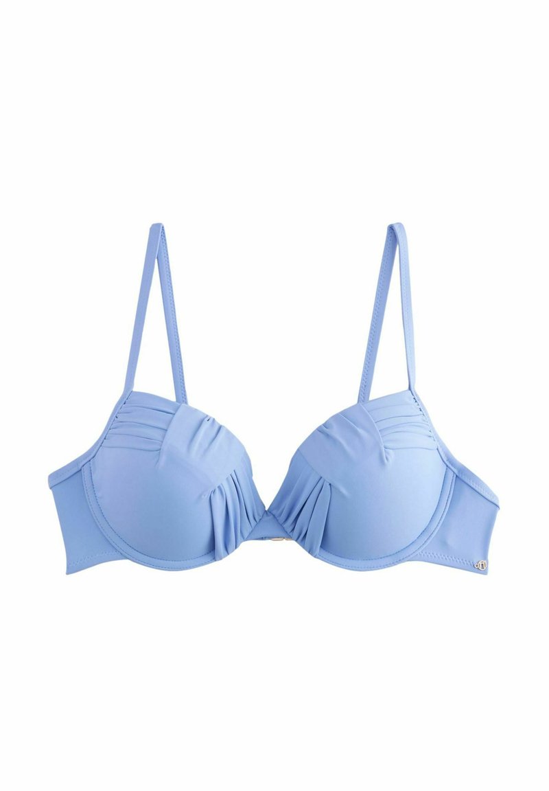 Šviesiai mėlynas bikini viršus su formuotais puodeliais, švelniais klostavimais šonuose, plonomis reguliuojamomis petnešėlėmis ir auksinės spalvos detalėmis centre.