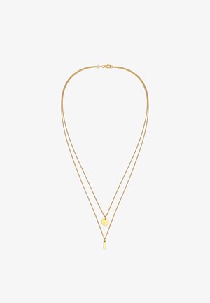 Arany színű, dupla rétegű nyaklánc, amely kör alakú és téglalap alakú medállal rendelkezik, finom láncokkal, bemutatva egy letisztult és minimalista dizájnt.