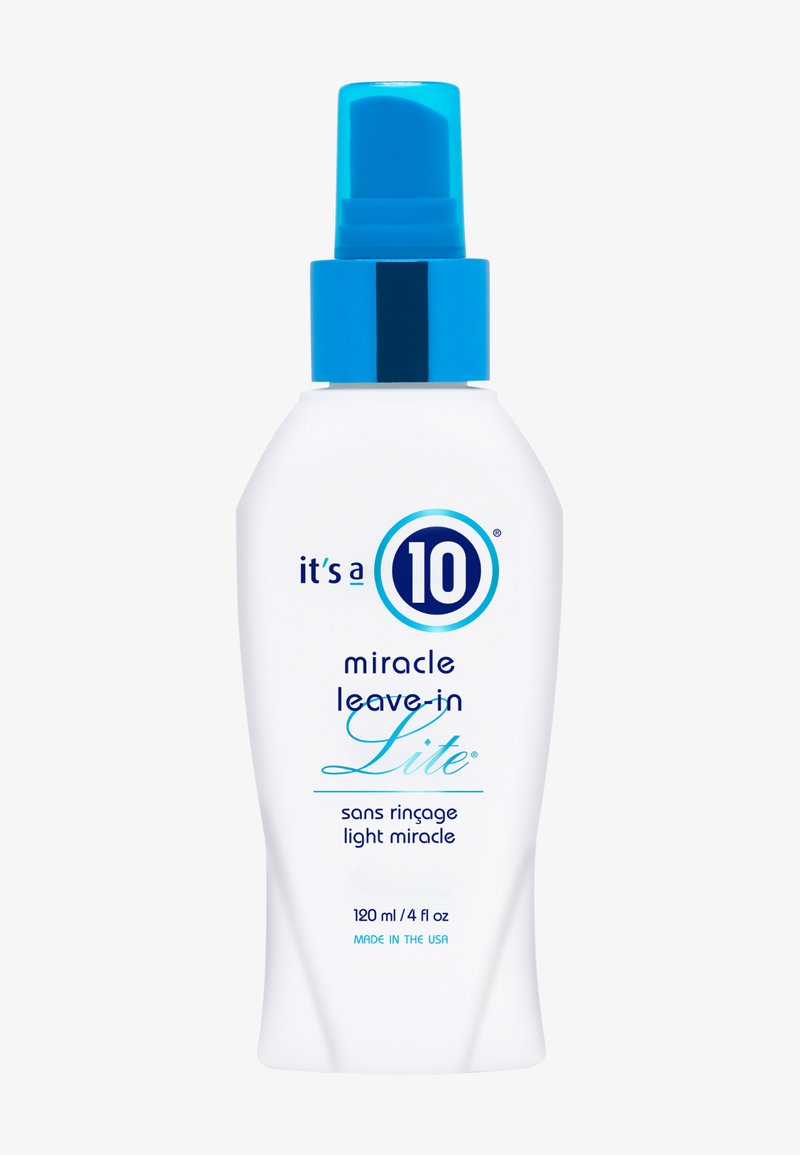 Flacon blanc avec bouchon bleu étiqueté "it's a 10 miracle leave-in Lite" traitement capillaire, 120 ml, fabriqué aux États-Unis.