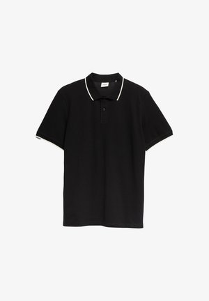 Schwarzes Polohemd mit kurzen Ärmeln und weißem Besatz an Kragen und Armabschlüssen, mit Zwei-Knopf-Leiste und klassischer Passform.
