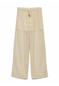 Lace culottebukser i en lys beige farge med et teksturert, sirkulært mønster, som har elastisk midje og snøring.