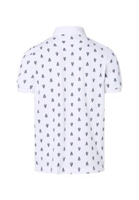 Kurzärmeliges Poloshirt aus weißer Baumwolle mit navyblauem Ananas-Muster auf der gesamten Fläche. Verfügt über einen klassischen Kragen und gerippte Bündchen.