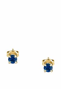 Goldene Ohrstecker mit runden blauen Edelsteinen, die in auffälligen Krappen gefasst sind. Glatte Oberfläche mit glänzender Verarbeitung, die die lebendige Farbe zur Geltung bringt.