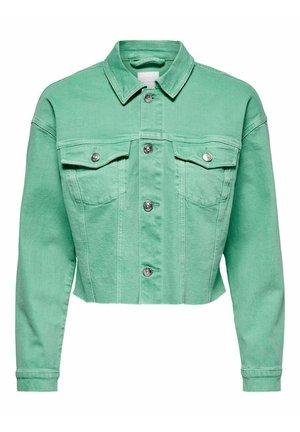 Giacca di jeans accorciata in verde menta con colletto classico, due tasche sul petto, bottoni in metallo argentato e una finitura leggermente testurizzata.