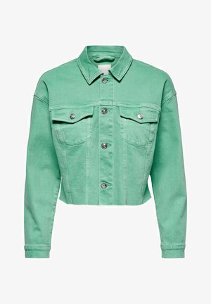 Giacca di jeans accorciata in verde menta con colletto classico, due tasche sul petto, bottoni in metallo argentato e una finitura leggermente testurizzata.