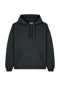 Felpa nera con cappuccio in materiale misto cotone, dotata di tasca a marsupio e polsini a costine. Design semplice e oversize senza fantasie.