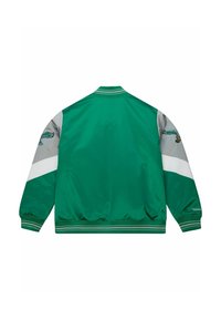 Grüne Satin-Bomberjacke mit grauen Ärmeln, weißen Streifenakzenten, geripptem Kragen und gesticktem Logo am linken Ärmel.