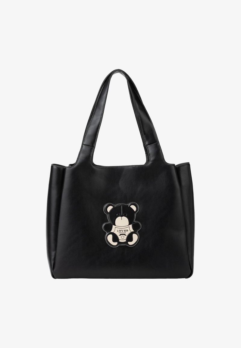 Zwart leren tote bag met dubbele handvatten, voorzien van een teddyberenpatch in crème en bruin, verfraaid met contrasterende stiksels.