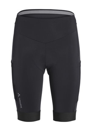 Zwarte gevoerde fietsbroek met mesh-voering in de tailleband en reflecterend Vaude-logo op de linker dij, ontworpen voor comfort en prestaties.