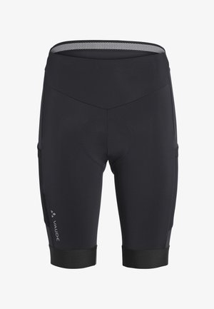 Zwarte gevoerde fietsbroek met mesh-voering in de tailleband en reflecterend Vaude-logo op de linker dij, ontworpen voor comfort en prestaties.