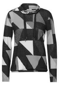 Grå och vit mönstrad sweatshirt med hög krage, långa ärmar och dragsnören. Tillverkad av mjukt, strukturerat tyg med geometriska former.