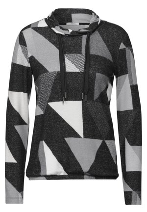 Grå og hvid mønstret sweatshirt med cowl neck, lange ærmer og snore. Fremstillet af blødt, struktureret stof med geometriske former.