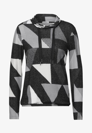 Grå og hvid mønstret sweatshirt med cowl neck, lange ærmer og snore. Fremstillet af blødt, struktureret stof med geometriske former.