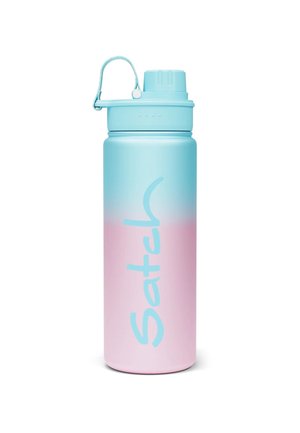 Reusable water bottle with gradient blue to pink color and blue "S'atch" logo, featuring a screw-on cap with attached handle.