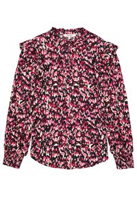 Langarmblouse in zwart, roze en wit met abstract patroon. Kenmerkt ruffle-accenten en een relaxte pasvorm met gather manchetten.
