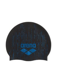 Gorro de natación de silicona negro con borde curvado, con rayas verticales azules y el logotipo de "arena" en azul en el centro.
