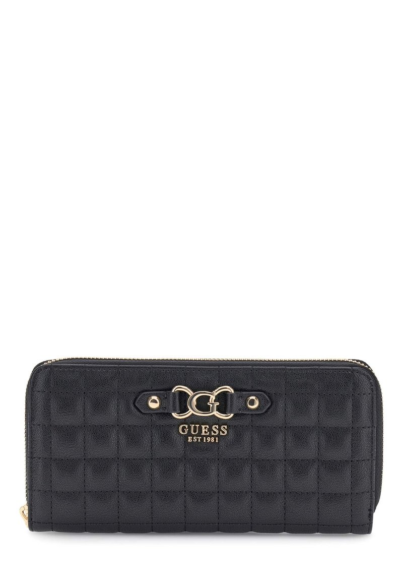 Cartera de cuero acolchado negra de Guess con cremallera, con logotipo dorado y detalles de hardware en la parte frontal.