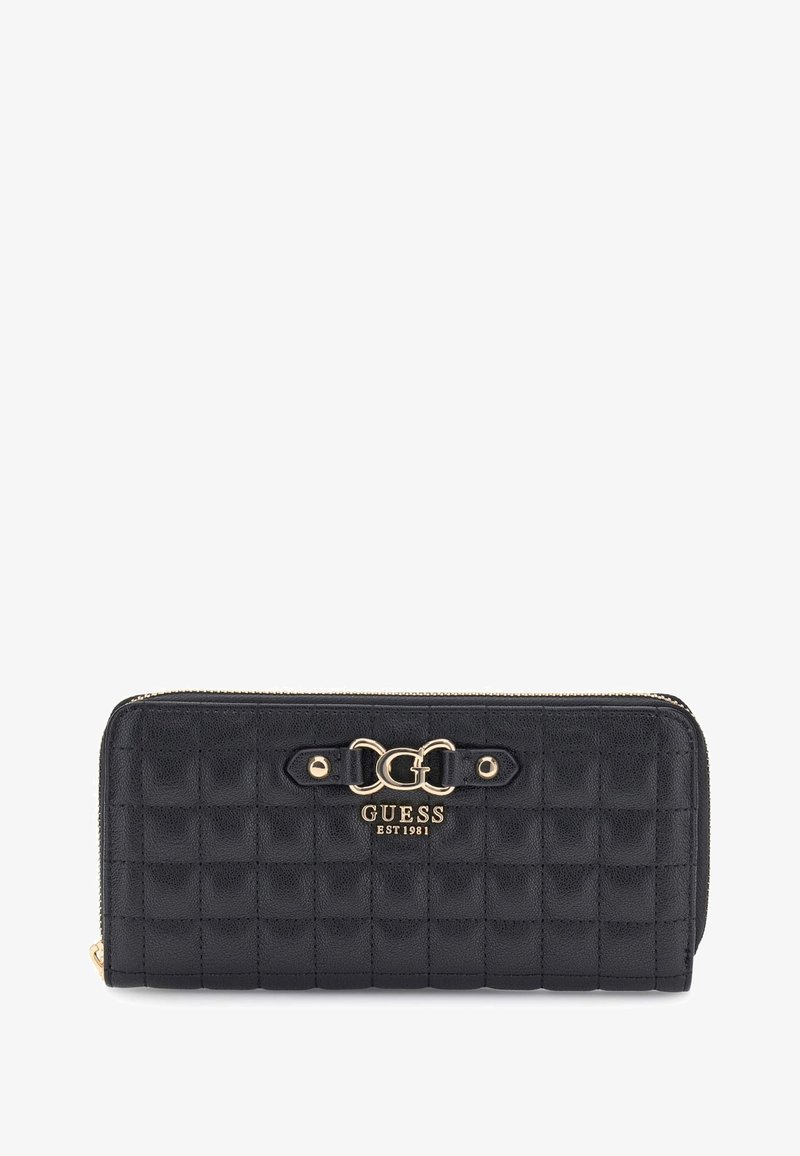 Black quilted leather Guess zip-around wallet with gold logo and hardware detailing on front.