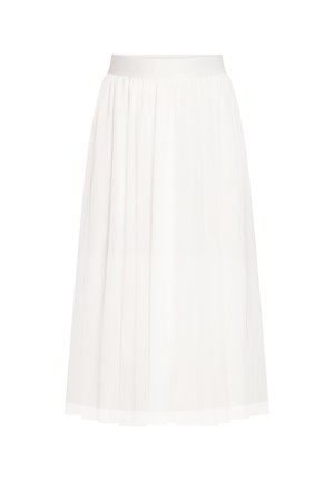 Weißer plissierter Midirock mit einem glatten Bund, leichtem Stoff und fließender Silhouette.