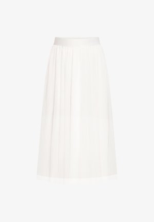 Jupe midi plissée blanche avec une ceinture lisse, tissu léger et une silhouette fluide.