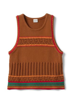 Mouwloze bruine gebreide gilet met patroon opengewerkt, rode, oranje en groene decoratieve strepen en een ronde hals.