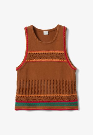 Mouwloze bruine gebreide gilet met patroon opengewerkt, rode, oranje en groene decoratieve strepen en een ronde hals.