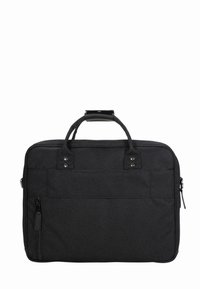 Schwarze Laptoptasche mit doppelten Griffen, Reißverschluss, Fronttasche und strukturiertem Stoff. Mit metallischen Hardware-Akzenten. Rechteckige Form.