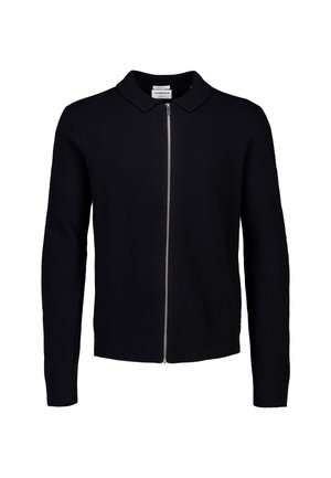 Schwarze Strickjacke mit Reißverschluss, Kragen, langen Ärmeln und gerippten Bündchen und Saum. Glatte Textur, schlichtes Design und ohne Muster.