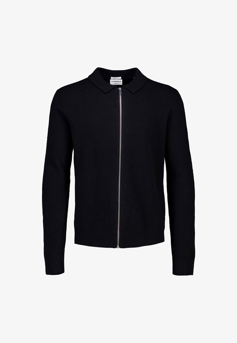 Cardigan a maglia nera con chiusura a zip, colletto, maniche lunghe e polsini e orlo a coste. Texture liscia, design semplice e senza motivi.