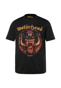 Sort bomulds T-shirt med et rødt og gold grafisk motiv af et vildt bæst med horn, omgivet af teksten "motörhead" og "Sacrifice."