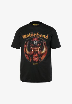 Černé bavlněné tričko s červeným a zlatým grafikou zuřivého zvířete s rohy, obklopeným textem "motörhead" a "Sacrifice."