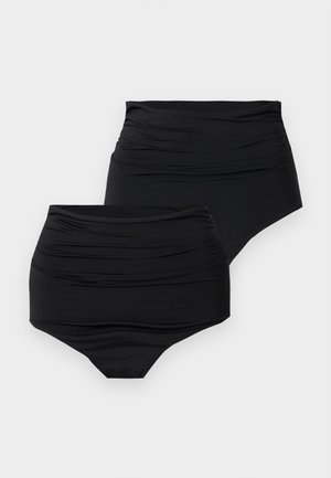 Δύο μαύρα μαγιό κάτω μέρος με ψηλή μέση και ρυτιδωτή υφή υφάσματος, τοποθετημένα επίπεδα σε ανοιχτό φόντο.