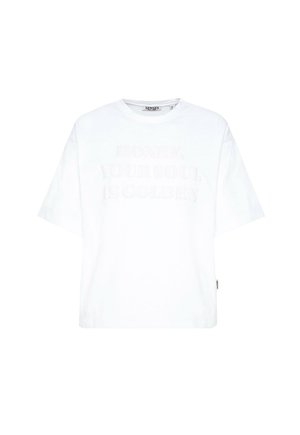 White cotton t-shirt with short sleeves, featuring raised text that reads "HONEY, YOUR SOUL IS GOLDEN" in a subtle design.