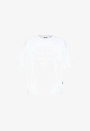 White cotton t-shirt with short sleeves, featuring raised text that reads "HONEY, YOUR SOUL IS GOLDEN" in a subtle design.