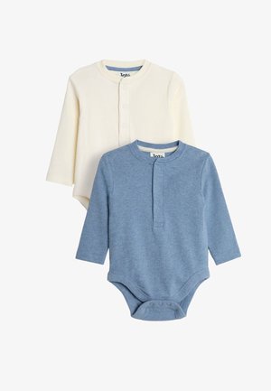 Due body per neonati a manica lunga a coste con bottoni a pressione, uno crema e uno blu, mostrati stesi.