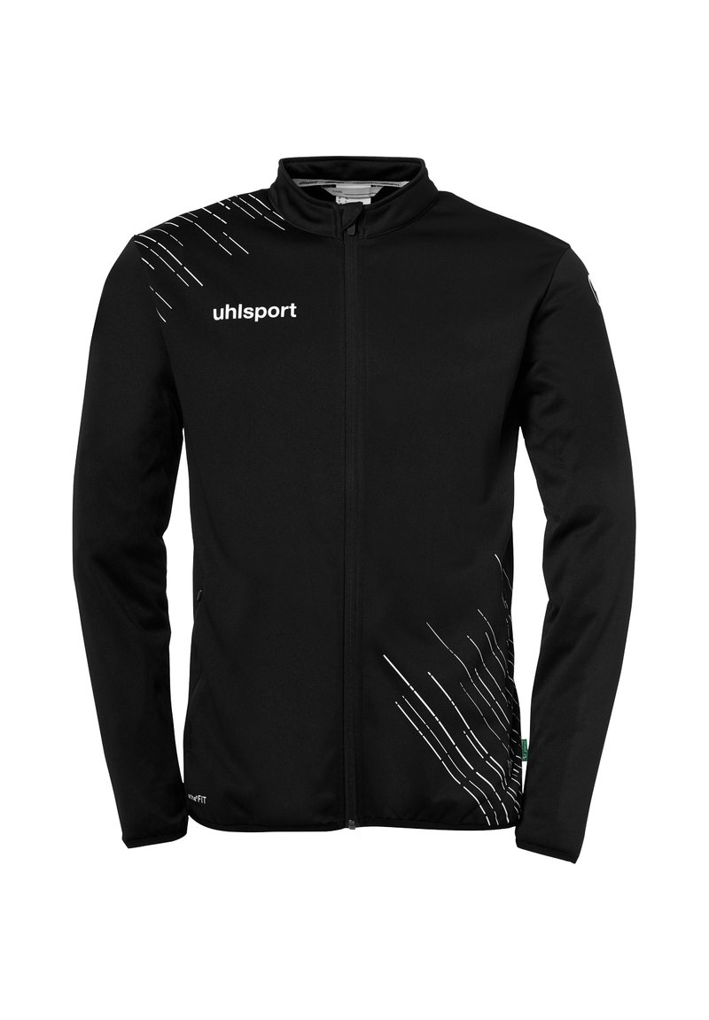 Sort atletisk jakke lavet af glat stof, med en frontlynlås, høj krave og hvide diagonale striber på venstre skulder.