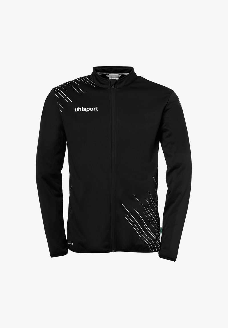 Sort atletisk jakke lavet af glat stof, med en frontlynlås, høj krave og hvide diagonale striber på venstre skulder.