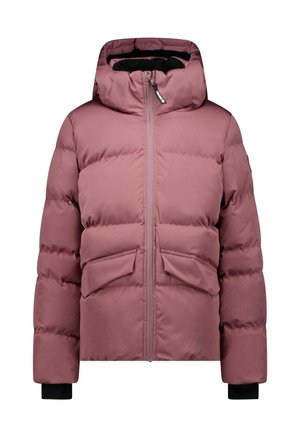 Mauve gewatteerde winterjas met capuchon, voorrits, twee voorzakken met klep en zwarte binnenmanchetten bij de polsen.