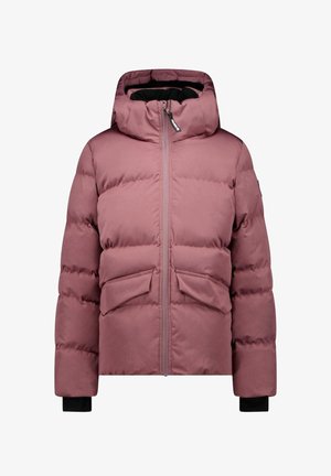 Mauve gewatteerde winterjas met capuchon, voorrits, twee voorzakken met klep en zwarte binnenmanchetten bij de polsen.