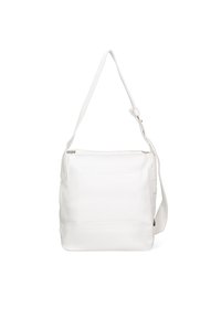 Witte lederen schoudertas met een gladde textuur, rechthoekige vorm, verstelbare schouderband en een ritsopening aan de bovenkant. De achterkant heeft een insteekvak.