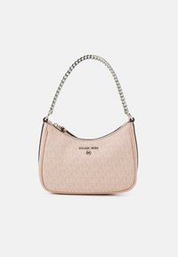Rosa Lederhandtasche mit silberner Kettenriemen, ausgestattet mit einem MK-Monogramm-Muster, Reißverschluss und einer eleganten, geschwungenen Silhouette.