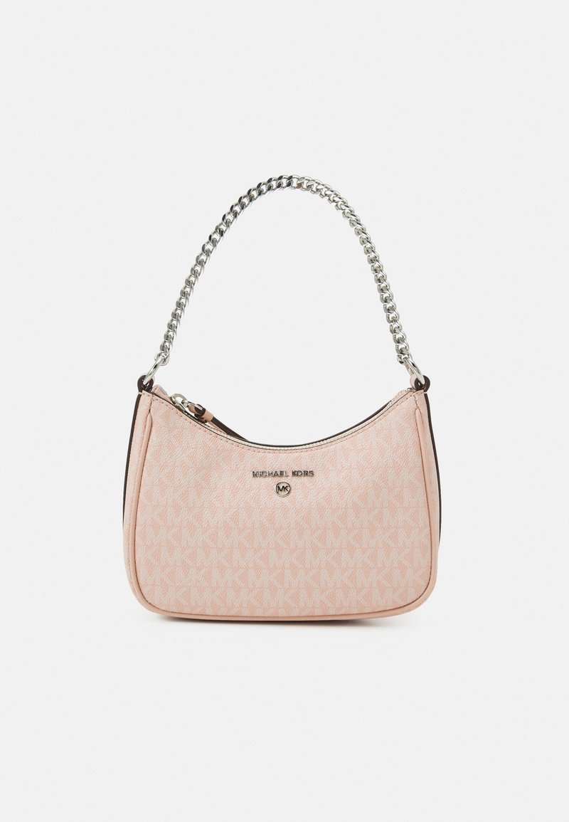 Rosa Lederhandtasche mit silberner Kettenriemen, ausgestattet mit einem MK-Monogramm-Muster, Reißverschluss und einer eleganten, geschwungenen Silhouette.
