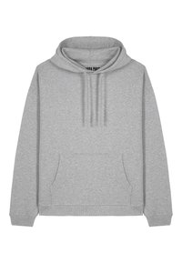 Šedá mikina vyrobená z mäkkej tkaniny, s kloktanou kapsou, nastaviteľnou kapucňou so šnúrkou a rebrovanými manžetami. Jednoduchý a minimalistický dizajn.