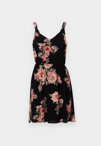 Robe noire à fleurs avec bretelles spaghetti réglables, décolleté en V, taille élastique et motif floral rose et vert sur l'ensemble.