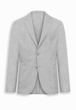 Hellgrauer einreihiger Blazer mit zwei Knöpfen, Revers mit Kerbe und drei aufgesetzten Taschen, auf weißem Hintergrund dargestellt.