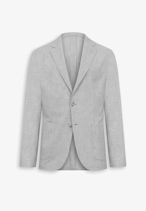 Hellgrauer einreihiger Blazer mit zwei Knöpfen, Revers mit Kerbe und drei aufgesetzten Taschen, auf weißem Hintergrund dargestellt.